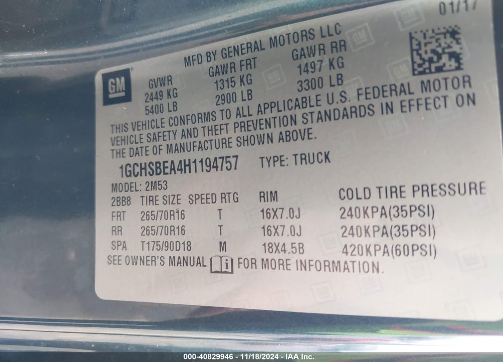 2017 CHEVROLET COLORADO WT VIN: 1GCHSBEA4H1194757