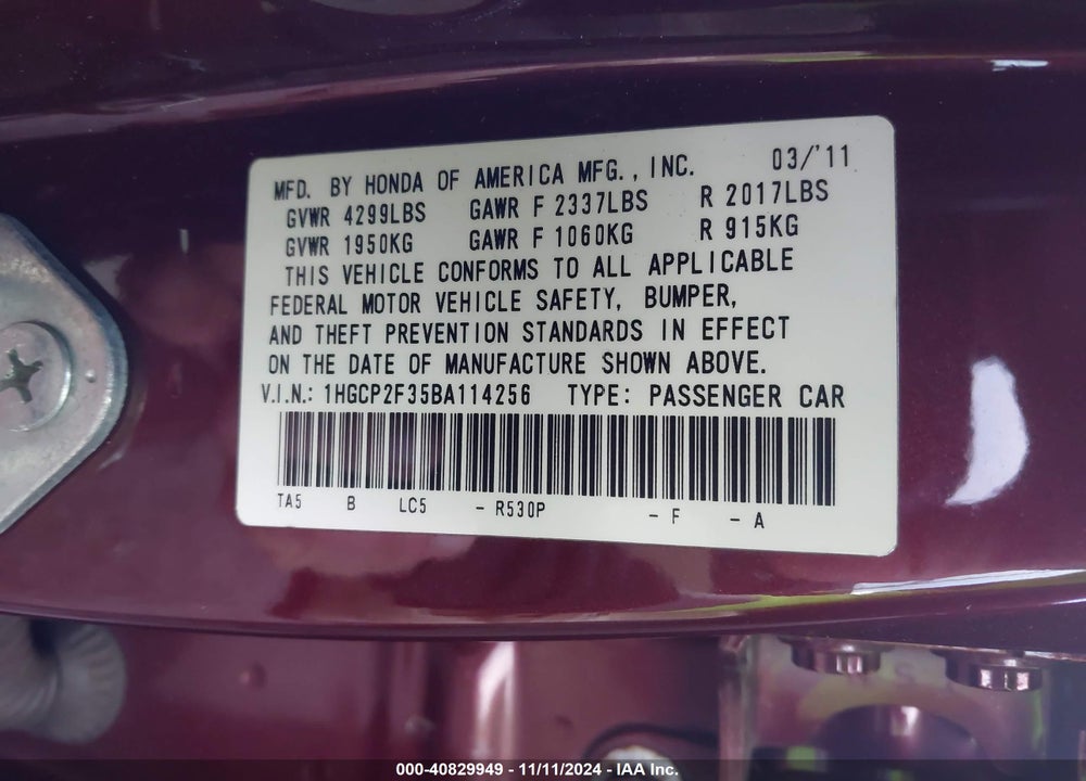 2011 HONDA ACCORD 2.4 LX VIN: 1HGCP2F35BA114256