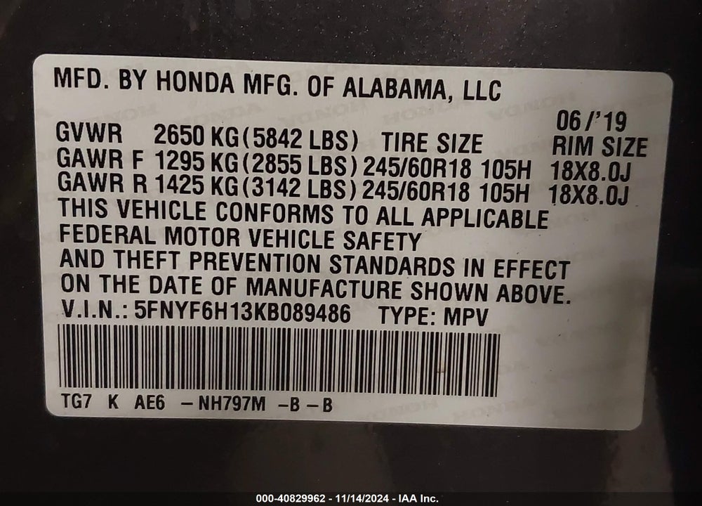 2019 HONDA PILOT LX VIN: 5FNYF6H13KB089486