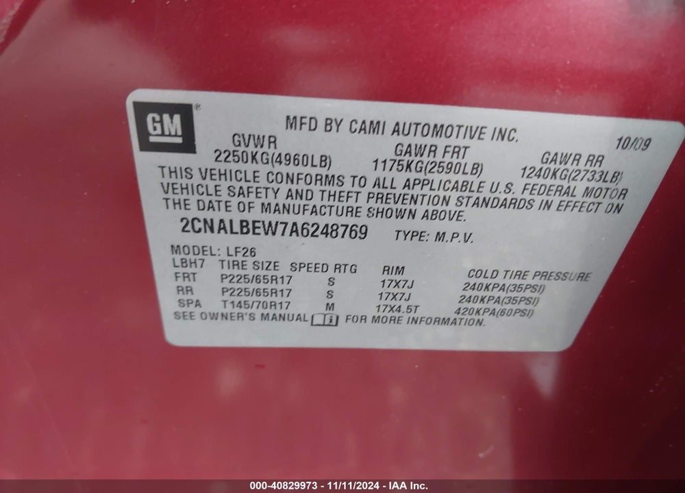 2010 CHEVROLET EQUINOX LS VIN: 2CNALBEW7A6248769