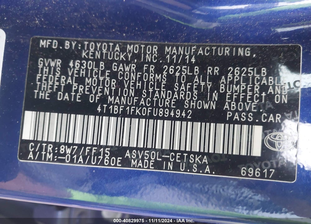 2015 TOYOTA CAMRY SE VIN: 4T1BF1FK0FU894942