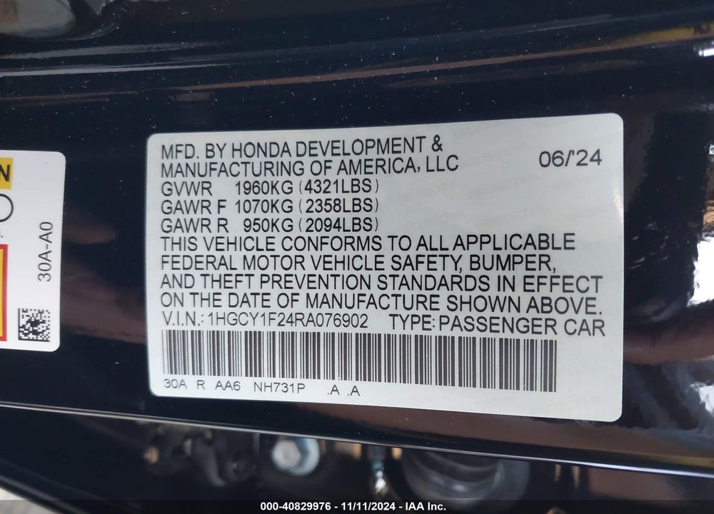 2024 HONDA ACCORD LX VIN: 1HGCY1F24RA076902