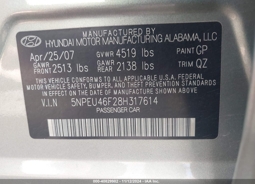 2008 HYUNDAI SONATA LIMITED V6/SE V6 VIN: 5NPEU46F28H317614