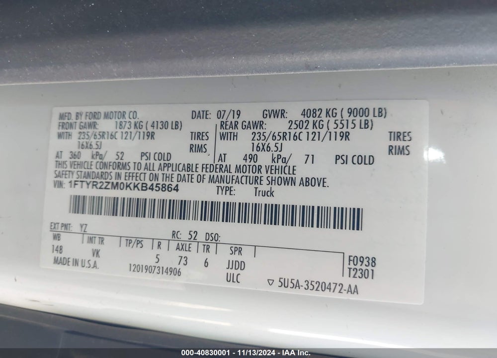 2019 FORD TRANSIT-250 VIN: 1FTYR2ZM0KKB45864