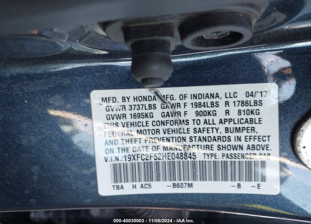 2017 HONDA CIVIC LX VIN: 19XFC2F52HE048845
