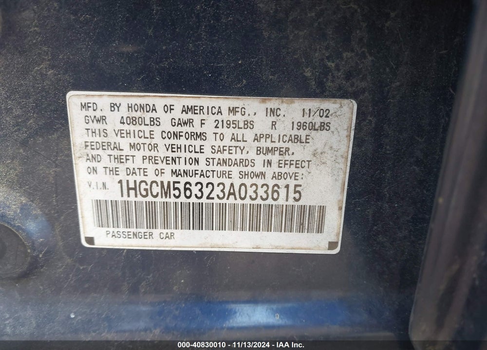 2003 HONDA ACCORD 2.4 LX VIN: 1HGCM56323A033615