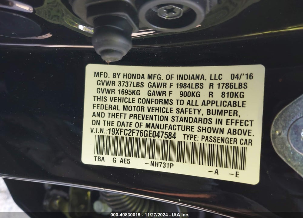 2016 HONDA CIVIC EX VIN: 19XFC2F76GE047584