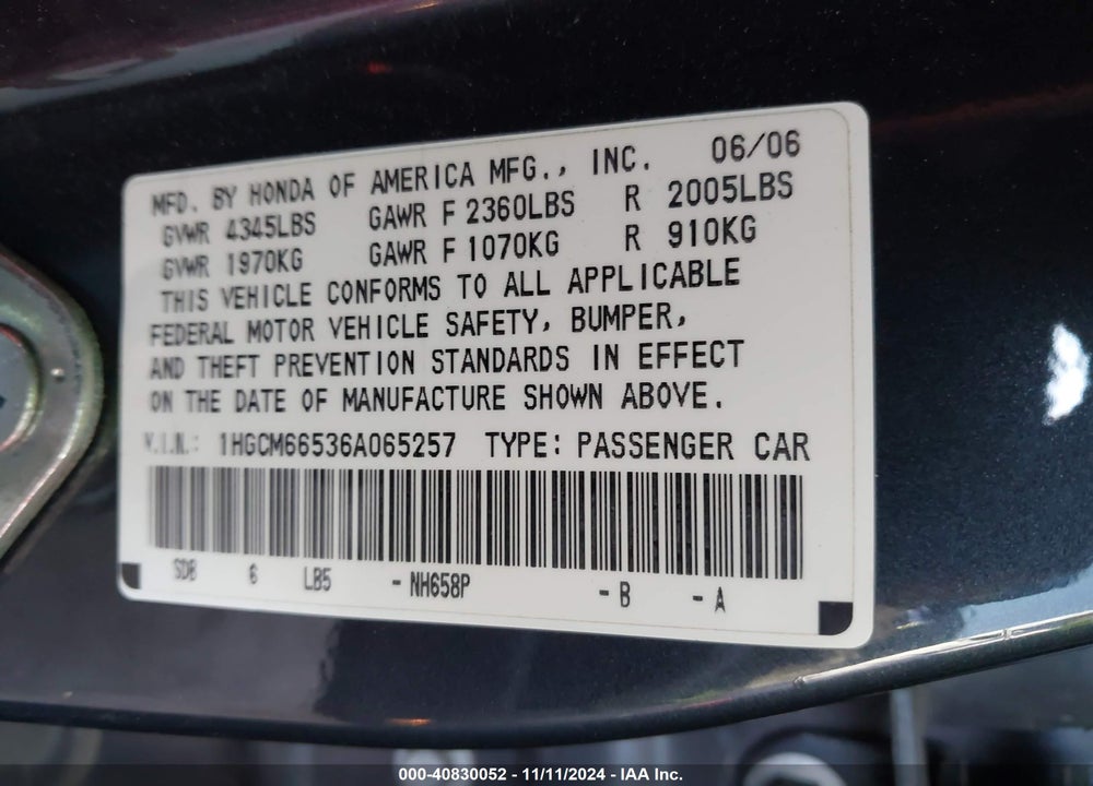 2006 HONDA ACCORD 3.0 EX VIN: 1HGCM66536A065257