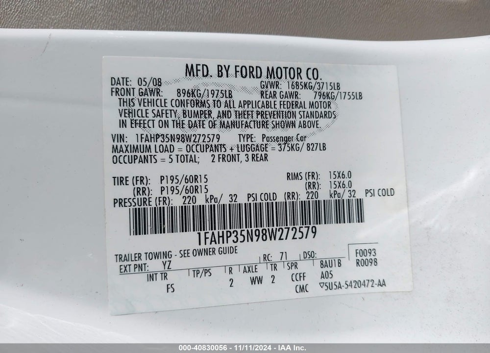 2008 FORD FOCUS SE/SES VIN: 1FAHP35N98W272579