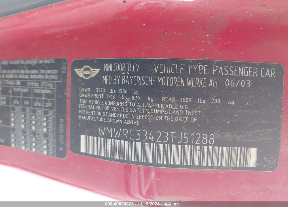 2003 MINI COOPER VIN: WMWRC33423TJ51288