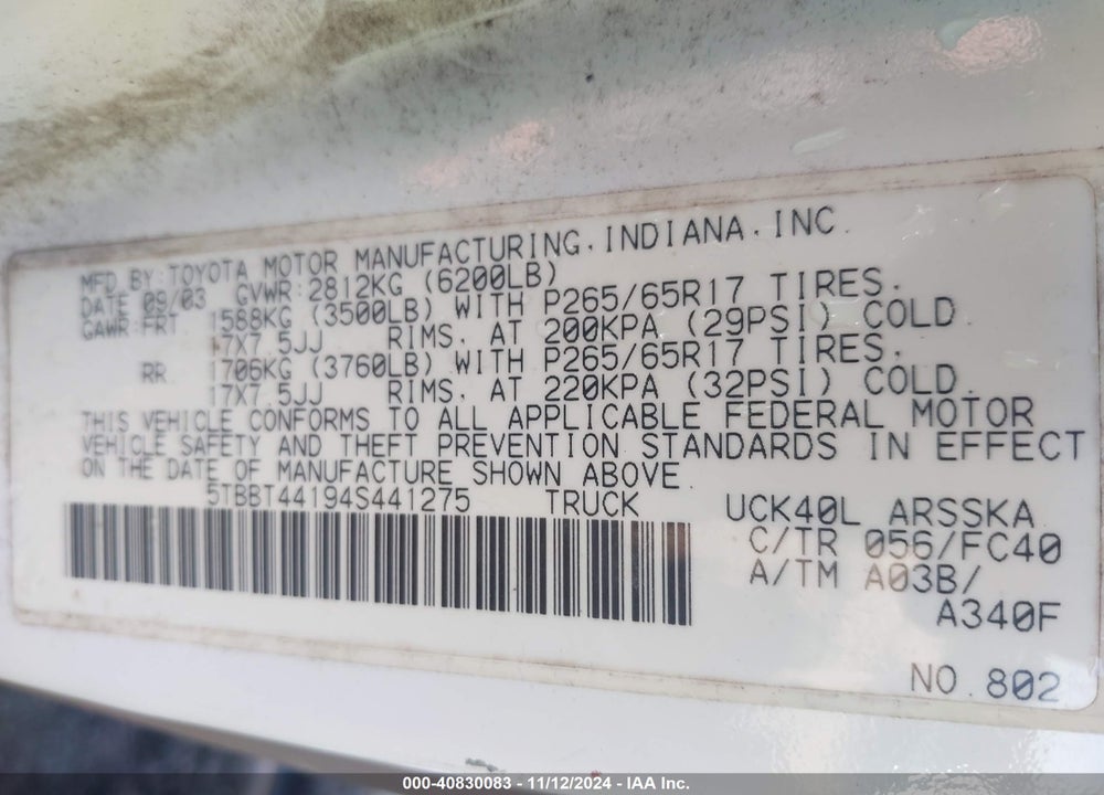 2004 TOYOTA TUNDRA SR5 V8 VIN: 5TBBT44194S441275