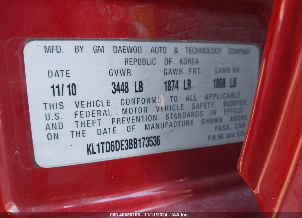 2011 CHEVROLET AVEO 1LT VIN: KL1TD6DE3BB173536