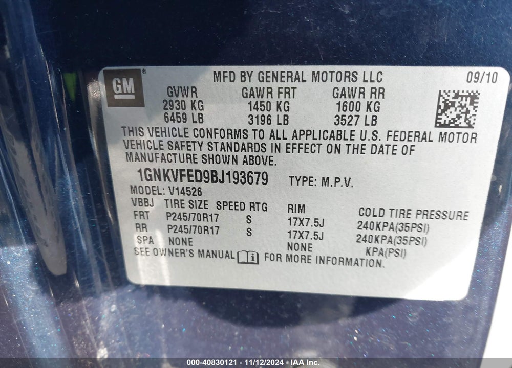 2011 CHEVROLET TRAVERSE LS VIN: 1GNKVFED9BJ193679