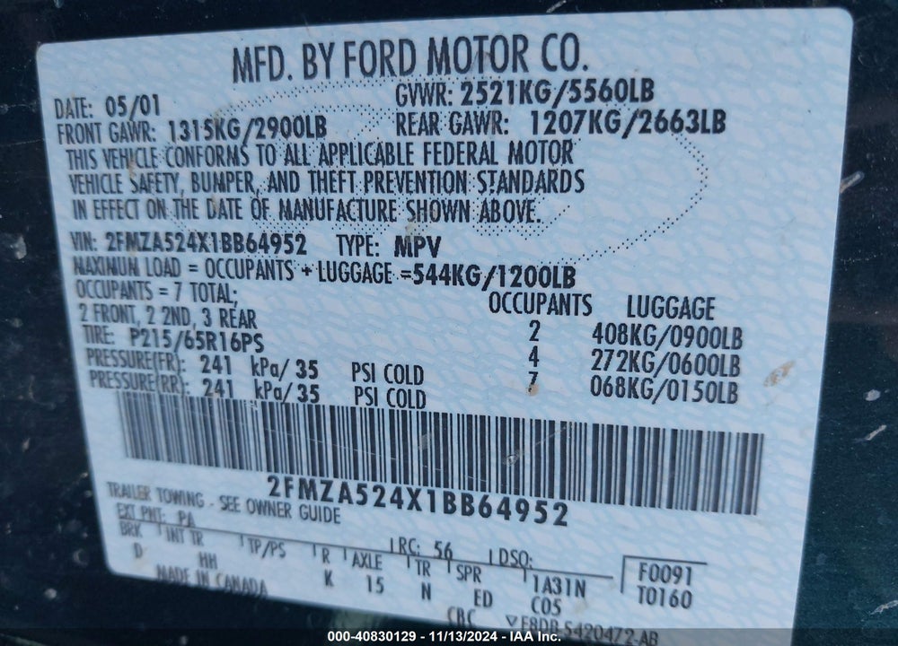 2001 FORD WINDSTAR SE VIN: 2FMZA524X1BB64952
