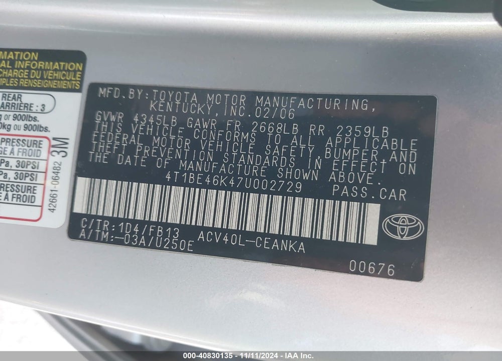 2007 TOYOTA CAMRY LE VIN: 4T1BE46K47U002729