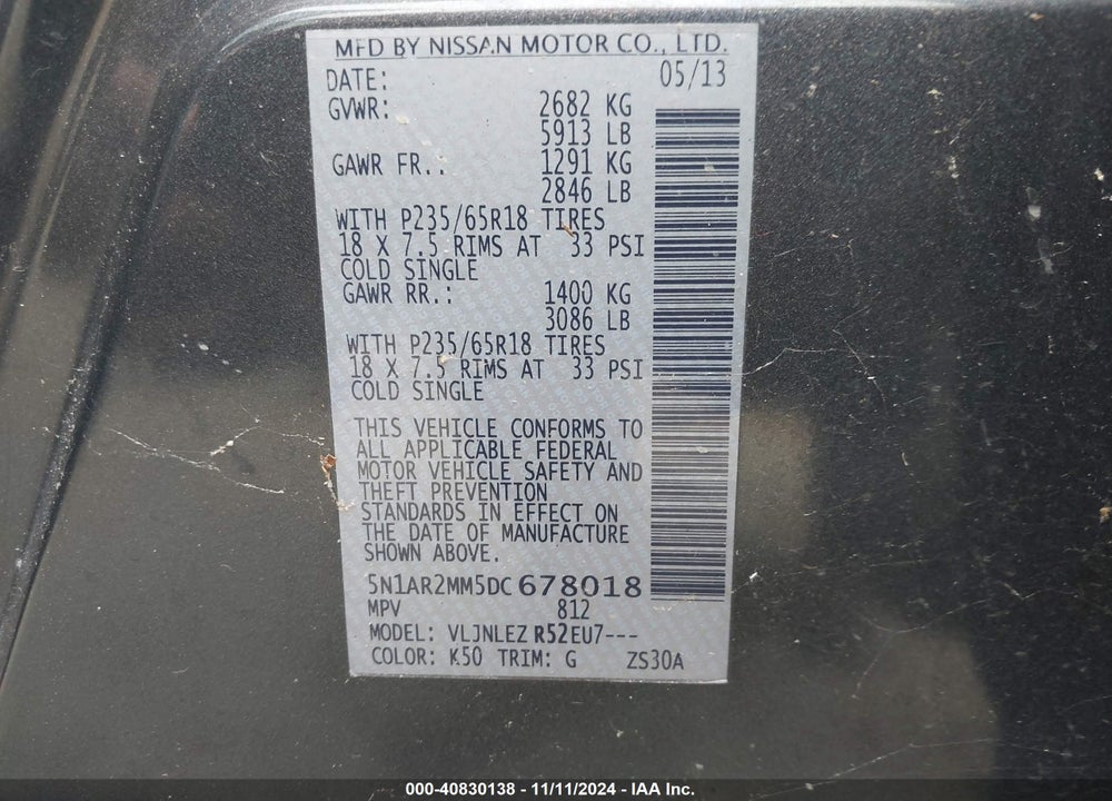 2013 NISSAN PATHFINDER SV VIN: 5N1AR2MM5DC678018