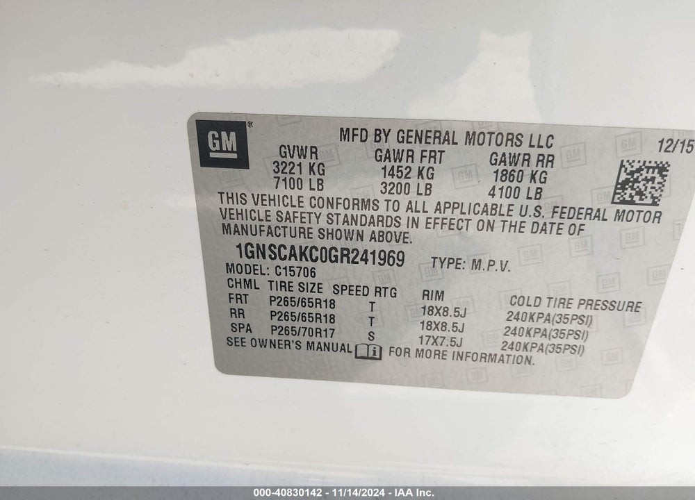 2016 CHEVROLET TAHOE LS VIN: 1GNSCAKC0GR241969