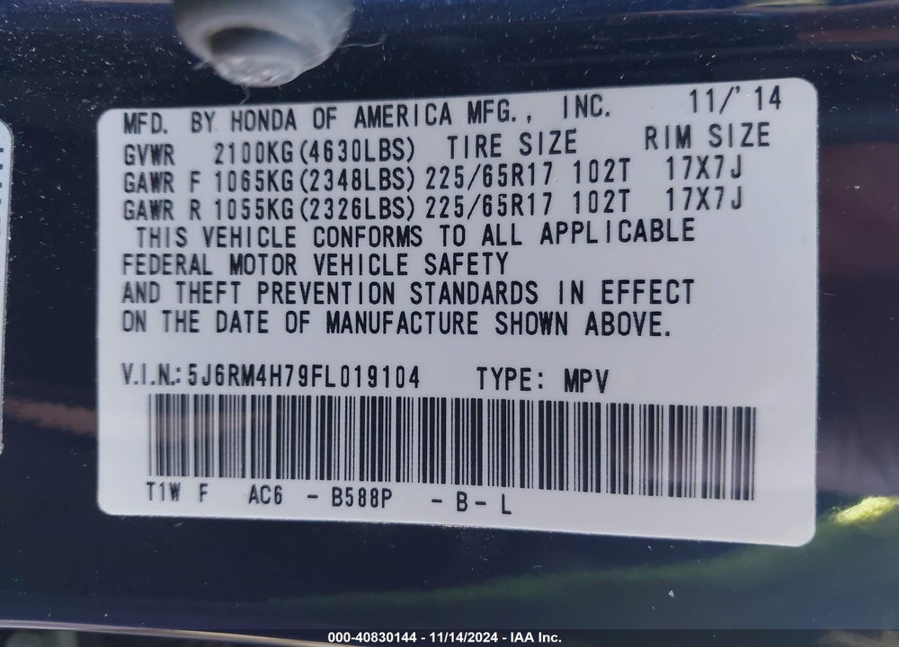 2015 HONDA CR-V VIN: 5J6RM4H79FL019104
