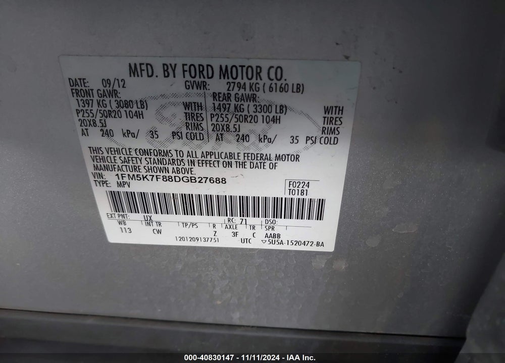 2013 FORD EXPLORER LIMITED VIN: 1FM5K7F88DGB27688