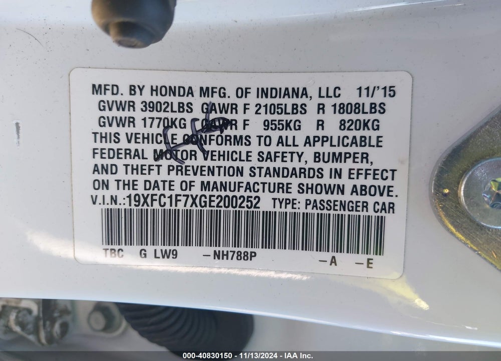 2016 HONDA CIVIC EX-L VIN: 19XFC1F7XGE200252