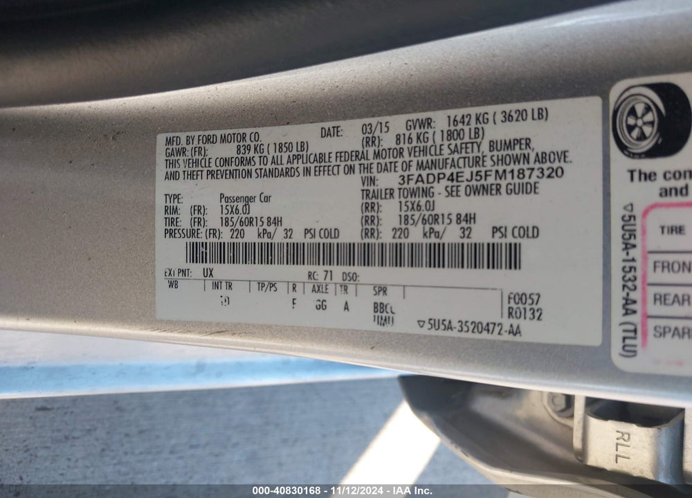 2015 FORD FIESTA SE VIN: 3FADP4EJ5FM187320