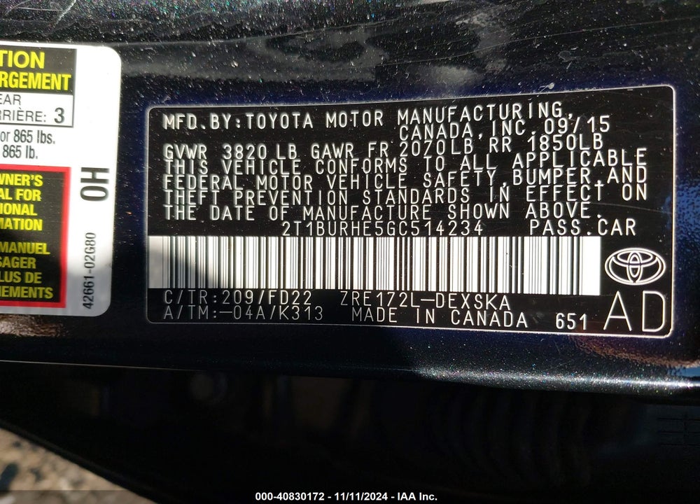 2016 TOYOTA COROLLA S PLUS VIN: 2T1BURHE5GC514234