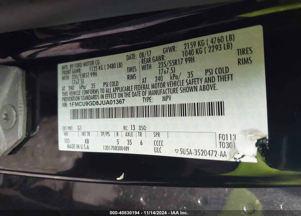 2018 FORD ESCAPE SE VIN: 1FMCU9GD8JUA01367