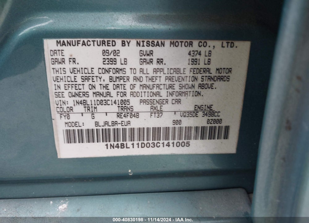 2003 NISSAN ALTIMA 3.5 SE VIN: 1N4BL11D03C141005