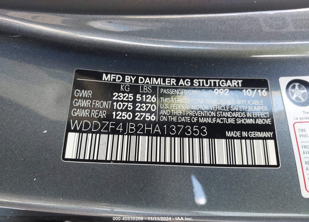 2017 MERCEDES-BENZ E 300 VIN: WDDZF4JB2HA137353