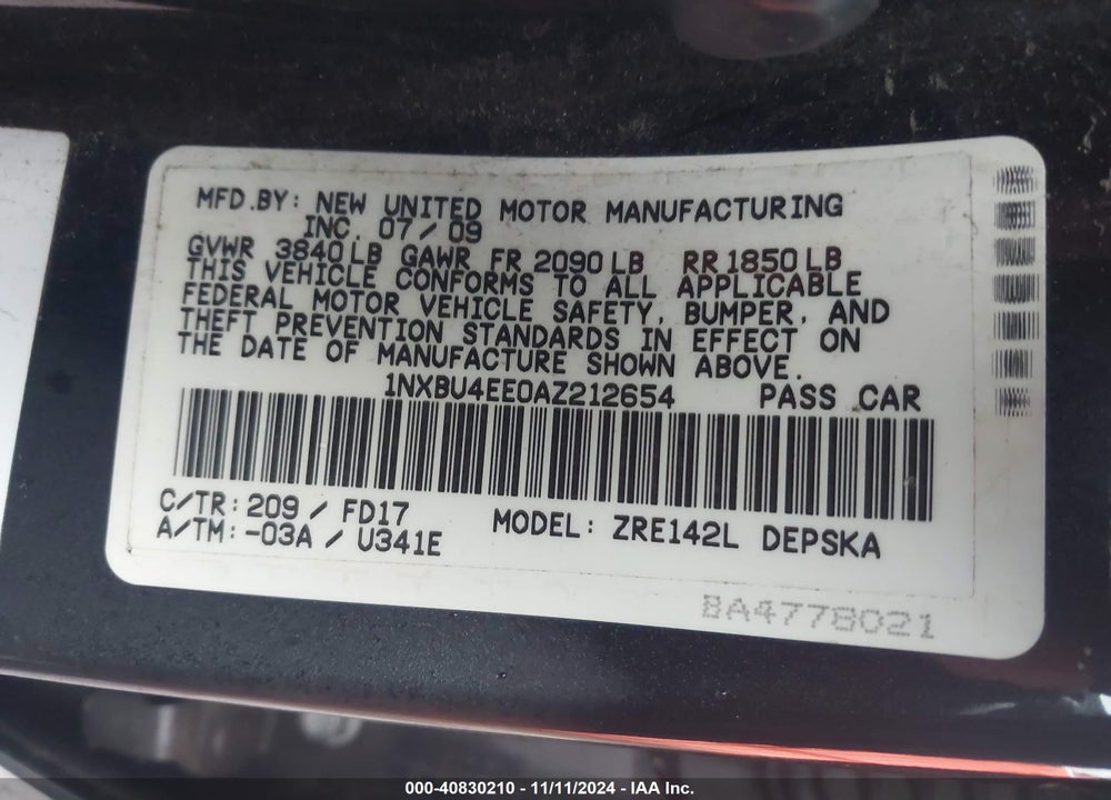 2010 TOYOTA COROLLA S VIN: 1NXBU4EE0AZ212654