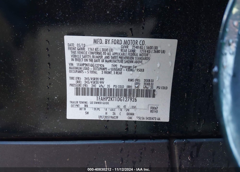 2013 FORD TAURUS VIN: 1FAHP2KT1DG127926