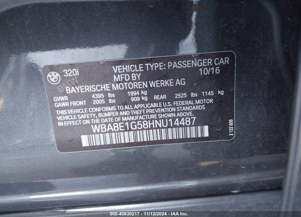 2017 BMW 320I VIN: WBA8E1G58HNU14487