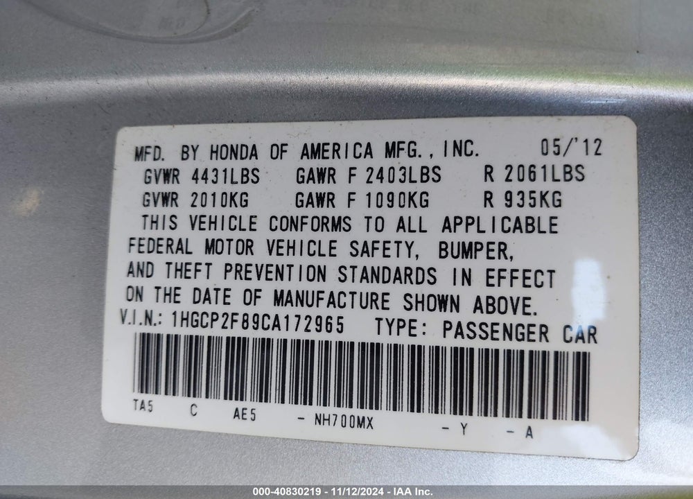 2012 HONDA ACCORD 2.4 EX-L VIN: 1HGCP2F89CA172965