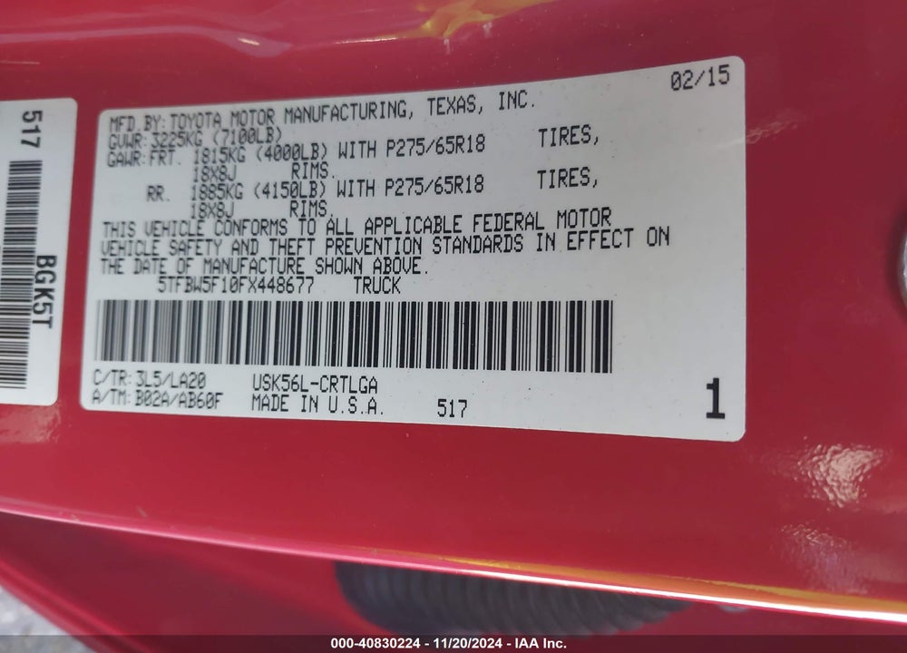 2015 TOYOTA TUNDRA LIMITED 5.7L V8 VIN: 5TFBW5F10FX448677
