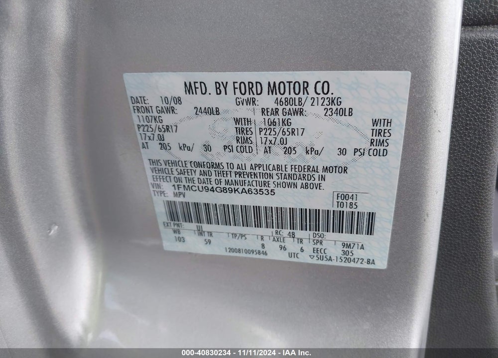 2009 FORD ESCAPE LIMITED VIN: 1FMCU94G89KA63535