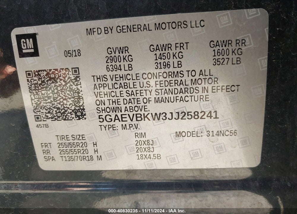 2018 BUICK ENCLAVE PREMIUM VIN: 5GAEVBKW3JJ258241