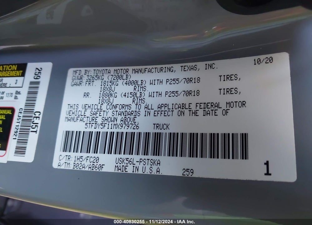 2021 TOYOTA TUNDRA SR5 VIN: 5TFDY5F11MX979726