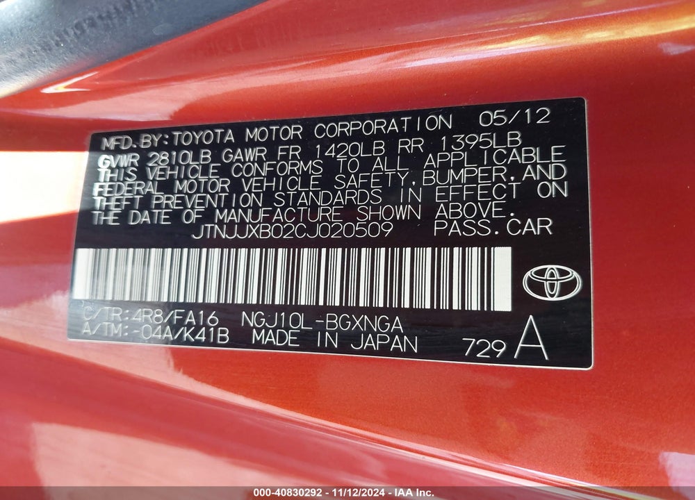 2012 SCION IQ VIN: JTNJJXB02CJ020509