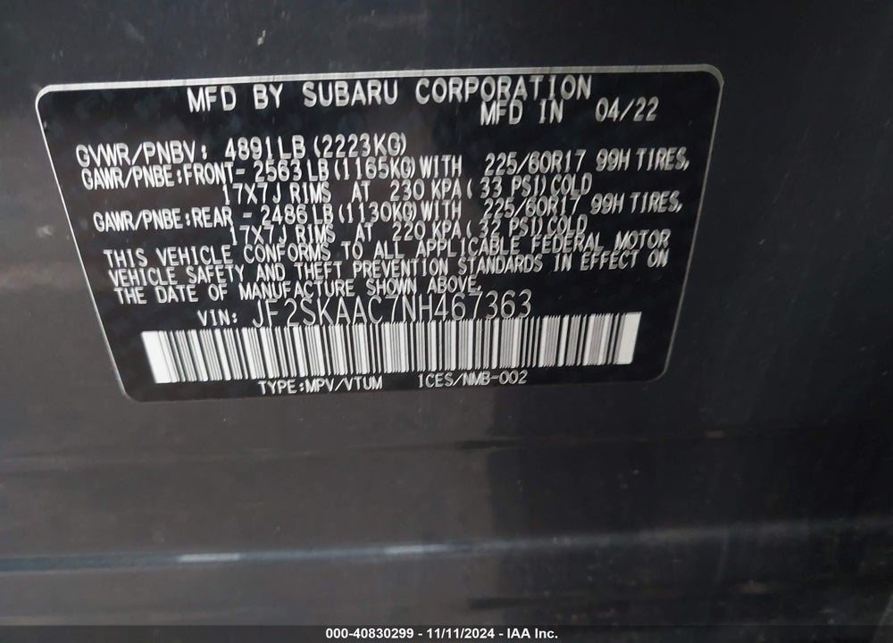 2022 SUBARU FORESTER VIN: JF2SKAAC7NH467363