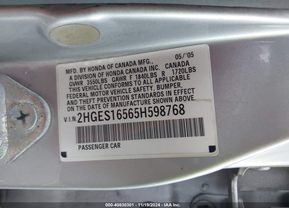 2005 HONDA CIVIC LX VIN: 2HGES16565H598768