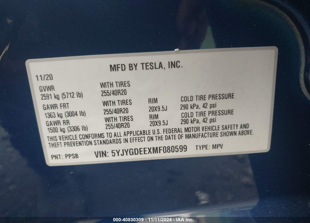 2021 TESLA MODEL Y LONG RANGE DUAL MOTOR ALL-WHEEL DRIVE VIN: 5YJYGDEEXMF080599