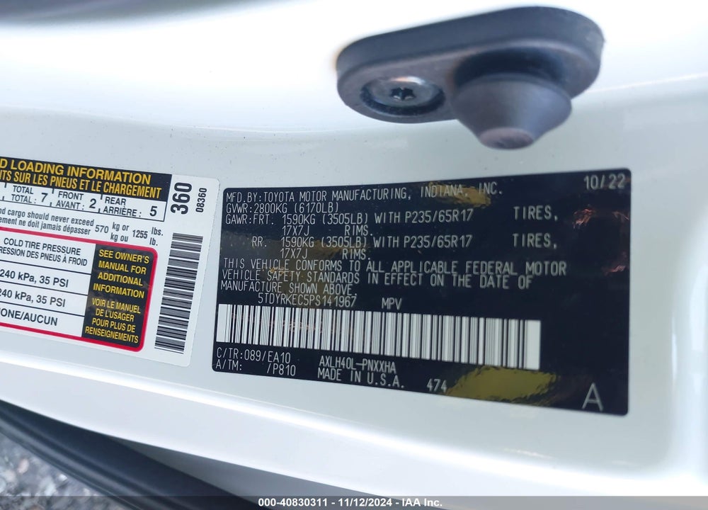 2023 TOYOTA SIENNA XLE VIN: 5TDYRKEC5PS141967