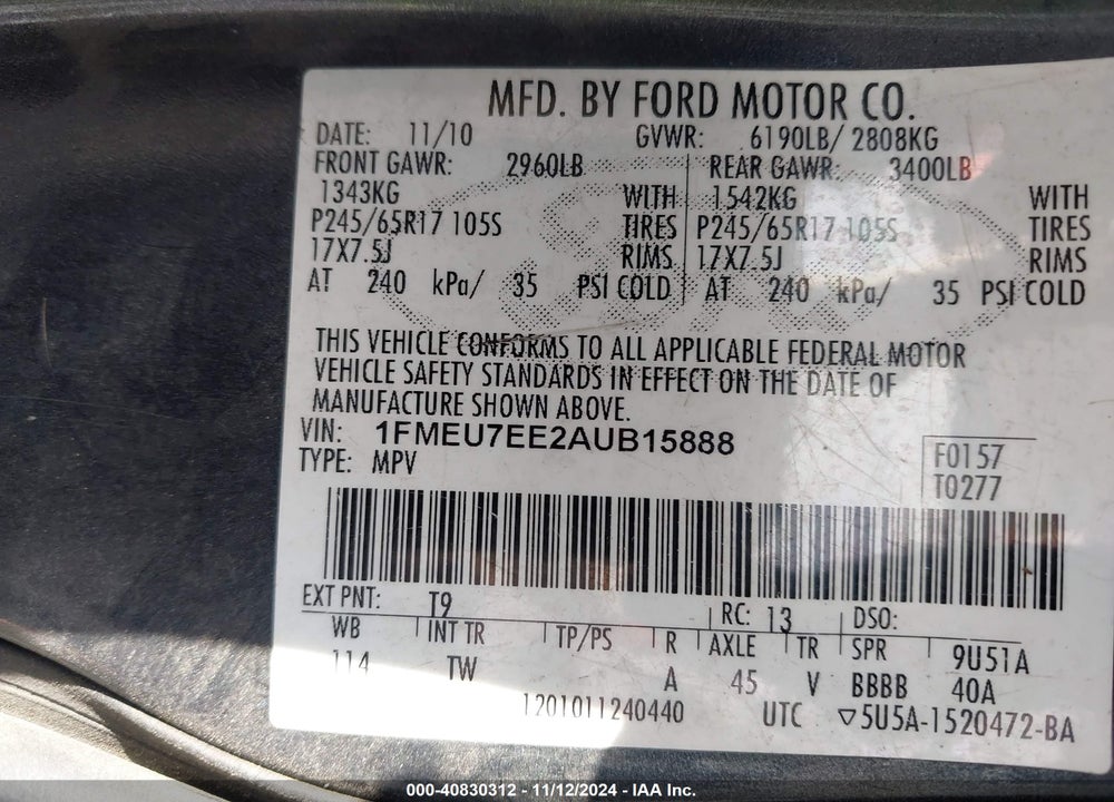 2010 FORD EXPLORER EDDIE BAUER VIN: 1FMEU7EE2AUB15888