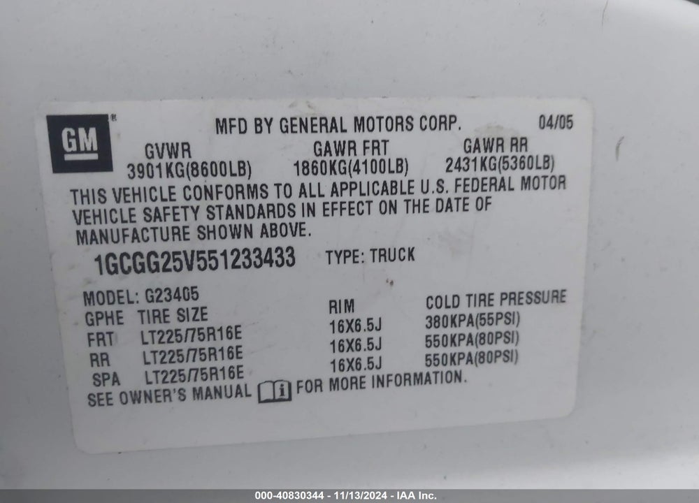 2005 CHEVROLET EXPRESS VIN: 1GCGG25V551233433