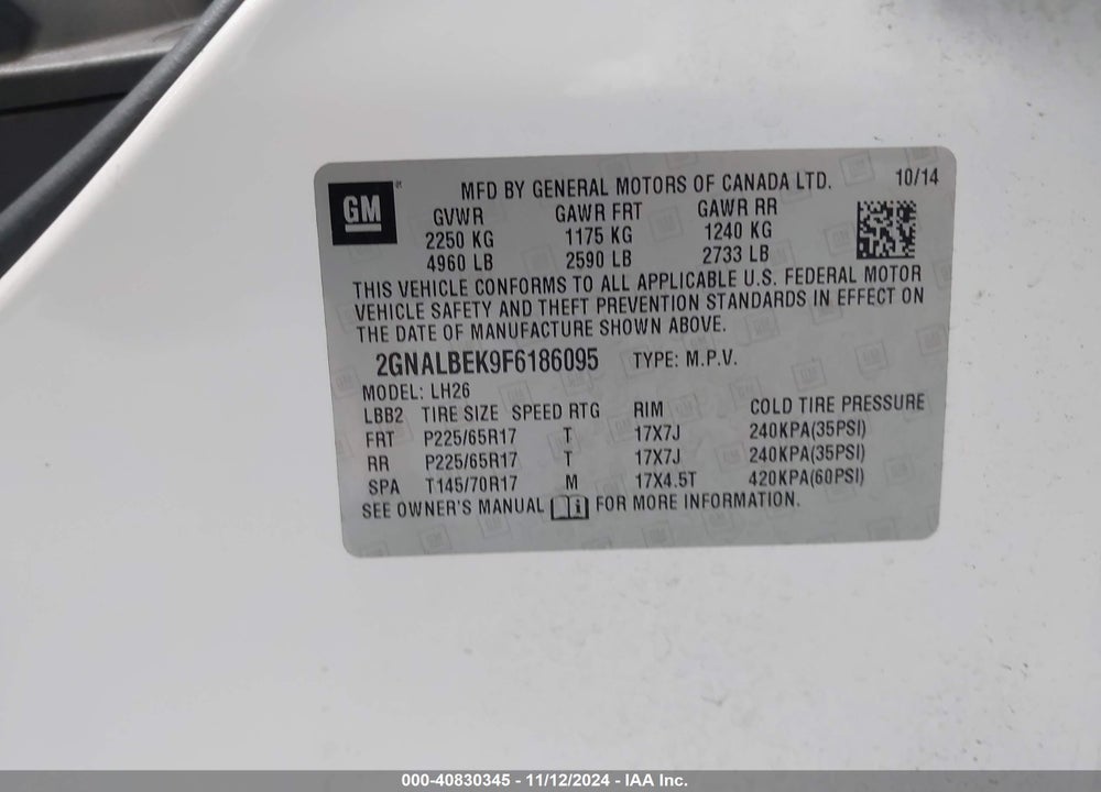 2015 CHEVROLET EQUINOX 1LT VIN: 2GNALBEK9F6186095