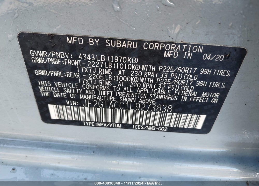 2020 SUBARU CROSSTREK PREMIUM VIN: JF2GTACC1L9273838