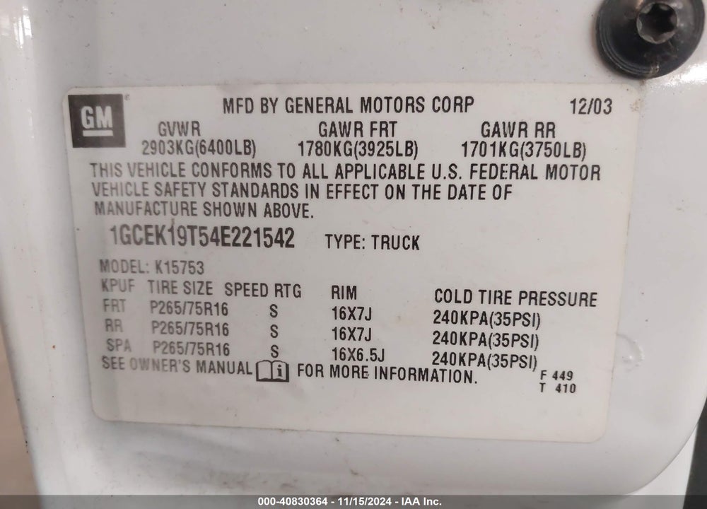 2004 CHEVROLET SILVERADO 1500 Z71 VIN: 1GCEK19T54E221542