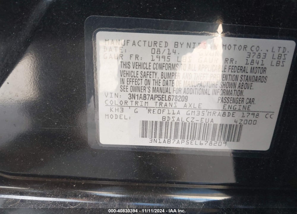 2014 NISSAN SENTRA S VIN: 3N1AB7AP5EL678209