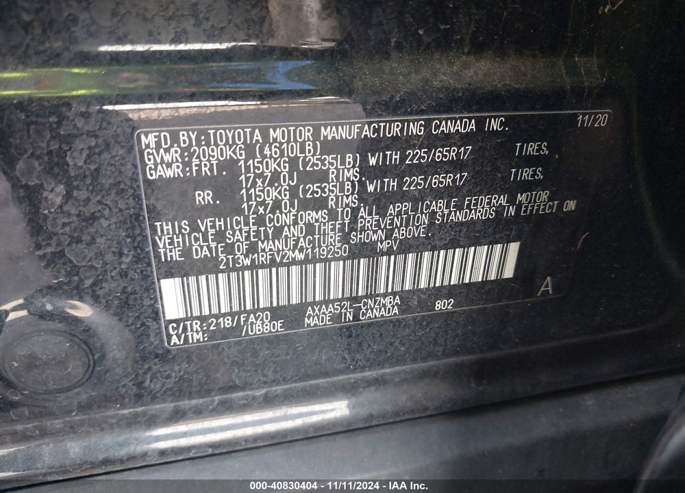 2021 TOYOTA RAV4 VIN: 2T3W1RFV2MW119250