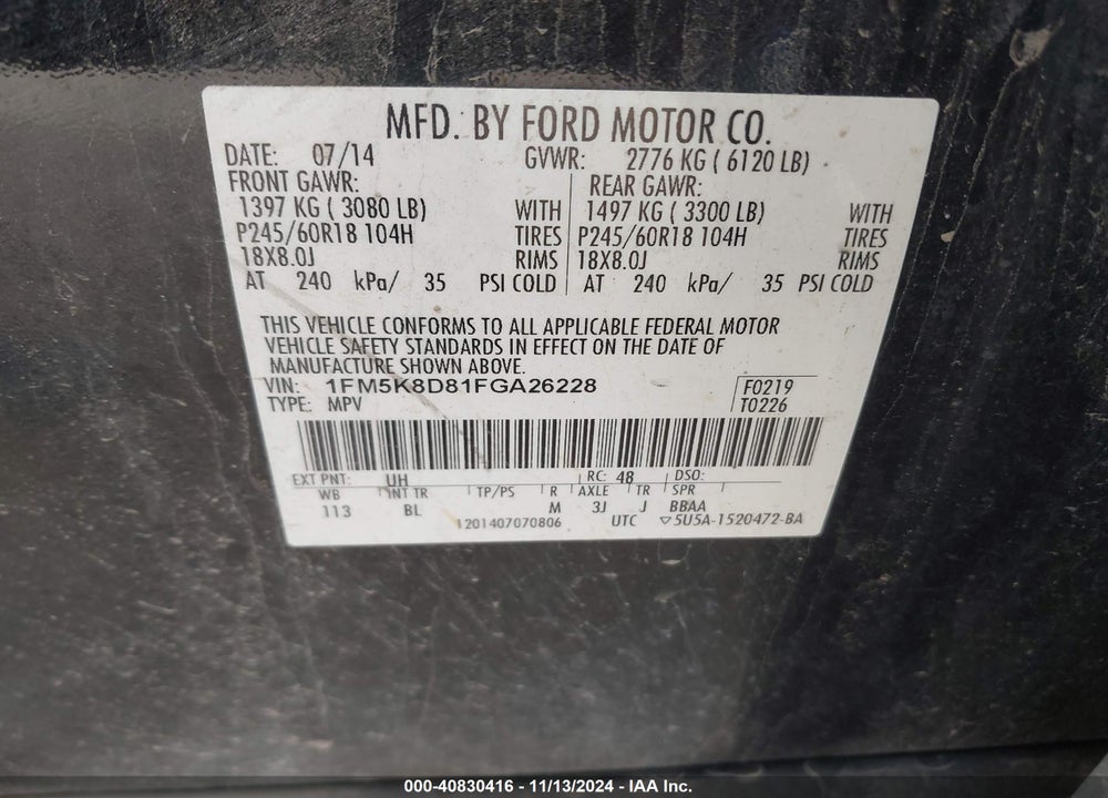 2015 FORD EXPLORER XLT VIN: 1FM5K8D81FGA26228